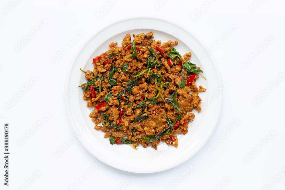 Thai food. Stir-fried minced pork with basil leaves on white Thai food. Stir-fried minced pork with basil leaves on white
