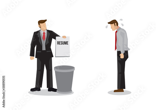 Recruiter throwing away the resume of a job applicants. Concept of rejection, depression and the poor job market. Vector illustration.