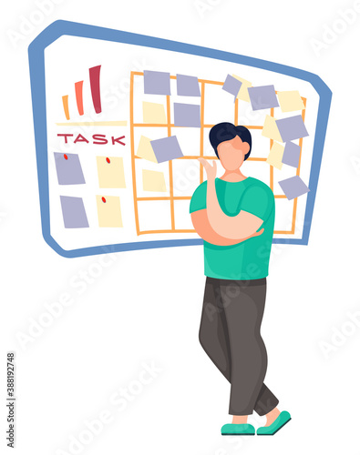 Thoughtful man standing near board with stickers and work tasks. Concept in flat vector style of business planning. Guy make appointments, planning events, make notice on stickers. Organization time