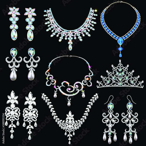 Illustration of a set of brilliant jewelery diadem, necklace and earrings with precious stones