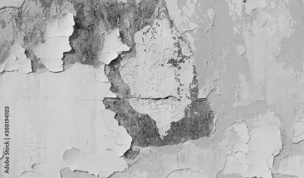 black and white image, old wall surface with peeling paint, plaster crack