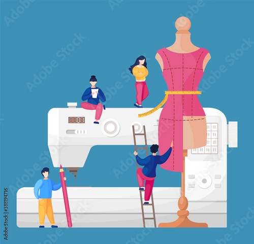 Sewing workshop with designers at sewing machine background. Sewer at ladder working with dress pattern at mannequin. Flat vector illustration of sewer with pencil, mannequin with unfinished dress