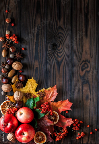 Autumn bright yellow-red leaves, nuts, apples on a wooden background. natural table made of boards. top view with space for text. vertical arrangement