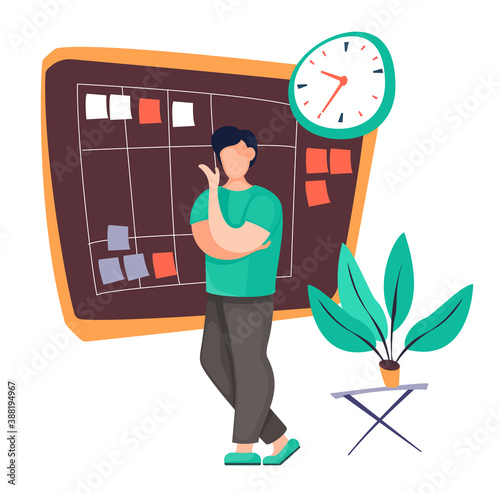 Thoughtful man standing near board with stickers and work tasks. Concept in flat vector style of business planning. Guy make appointments, planning events, make notice on stickers. Organization time