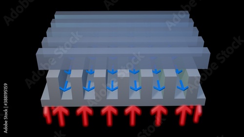 Microchannel heat exchange cooling system. 
Microfluidic cooling system . Micromachines Miniaturized Nanotechnology . Heat reduction concept . 3d render illustration photo