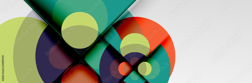 Bright color circles, abstract round shapes and triangles composition with shadow effects. Vector modern geometric design template Bright color circles, abstract round shapes and triangles composition with shadow effects. Vector modern geometric design template