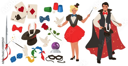 Magician set, flat vector isolated illustration. Illusionist, male and female characters holding dove, magic wand, black cylinder hat with rabbit. Shell game tools, playing cards, dices for tricks etc