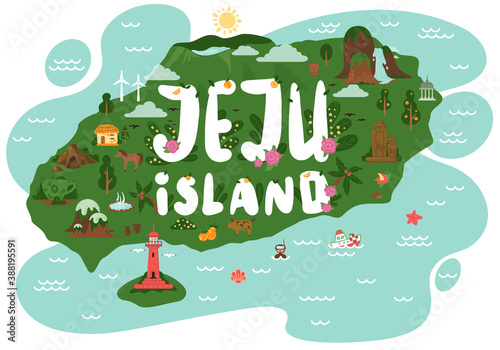 Welcome to Jeju island. Jeju tourist attractions such as hallim park, tourism diving, udo island lighthouse park, dolharubang, thatched house, dive tour. Jeju island in South Korea. Vector flat