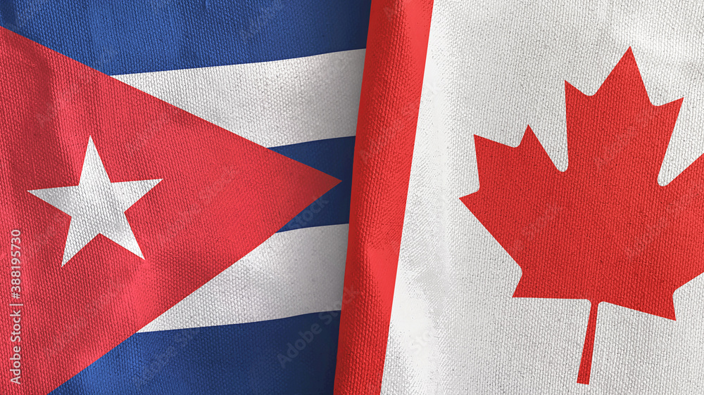 Canada and Cuba two flags textile cloth 3D rendering Canada and Cuba two flags textile cloth 3D rendering