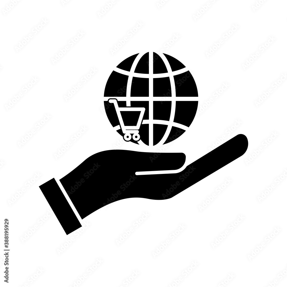 Online shopping icon. Hand icon, Shopping cart and earth. Design template vector