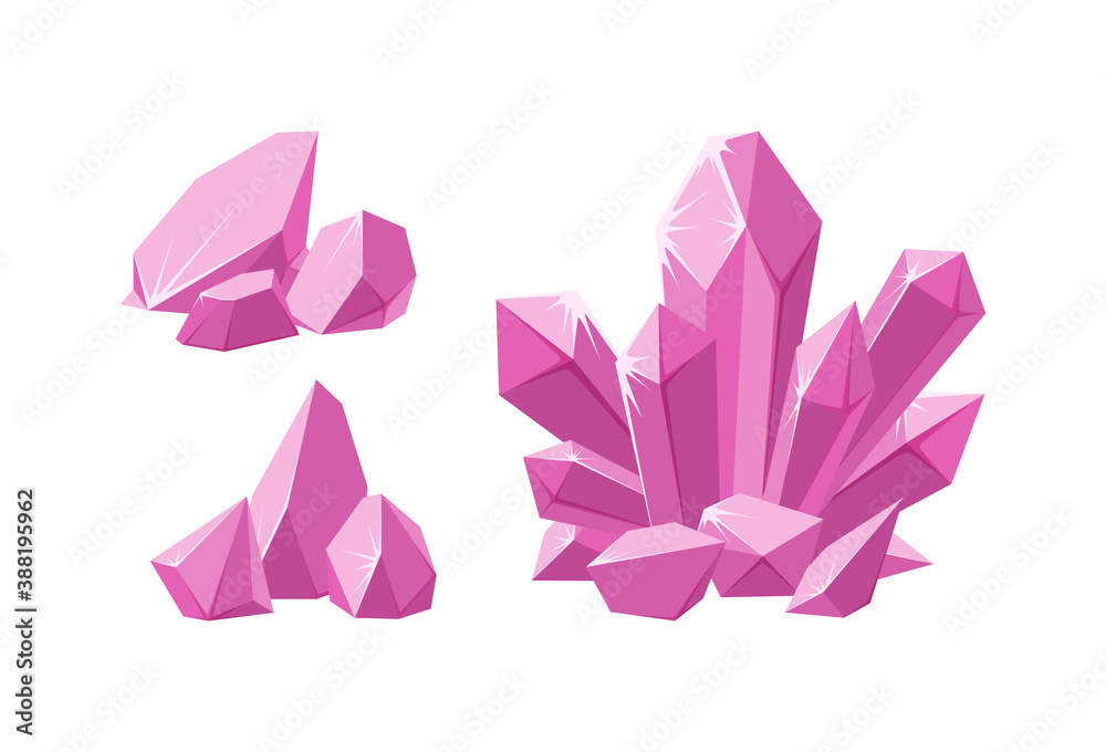 Crystals and pink prescious pieces of rock. Set of pink stalagmite and broken crystals. Amethyst gems of various shapes. Vector illustration in cartoon style Crystals and pink prescious pieces of rock. Set of pink stalagmite and broken crystals. Amethyst gems of various shapes. Vector illustration in cartoon style