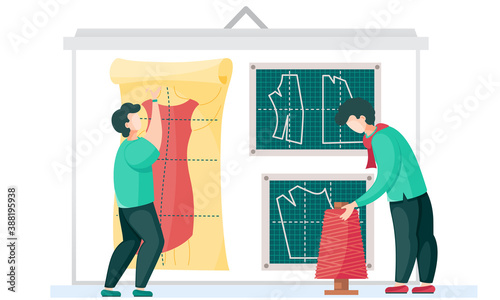 Designer or seamstress working with skein of thread and pattern of dress. Professional tailoring studio. Men working on creating of designer clothes. Creative environment for a men in work area