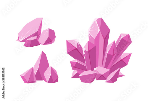 Crystals and pink prescious pieces of rock. Set of pink stalagmite and broken crystals. Amethyst gems of various shapes. Vector illustration in cartoon style