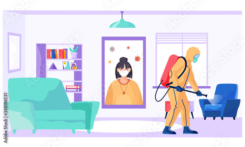 A man from pest control service doing disinfection in office to kill viruses and bacteria flat vector illustration. Male character in a protective suit sprays a room with disinfectant solute