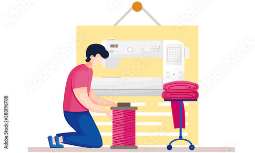 Sewing with designer or seamstress working with red skein of thread. Professional tailoring studio. Man working on creating of designer clothes. Image of a large sewing machine on the background
