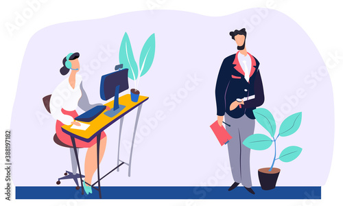 Woman with headphones is working at a computer sitting at a desk. A man standing next to a potted flower is preparing to present a new project at a meeting. Working day for office employees