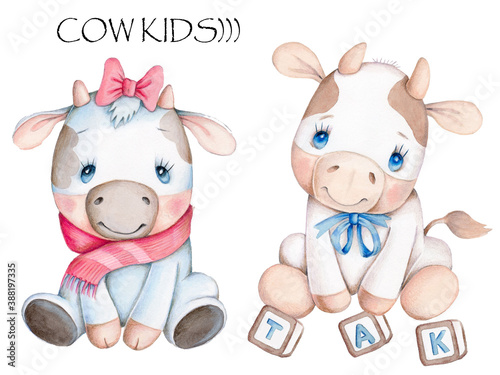Cute cartoon cow (bull, calf), adorable symbol of New Year 2021. Watercolor hand drawn art, illustration, icon, print. Isolated on white background. 