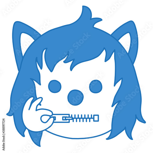 emoticon keeps his mouth shut by closing the zipper with his hand, funny wolf cartoon character with simplistic facial expression, simple vector illustration