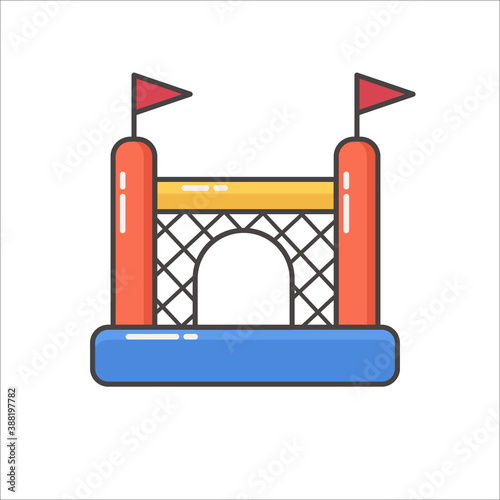 Bouncy inflatable castle. Tower and equipment for child playground. Vector line illustration isolated on white background.