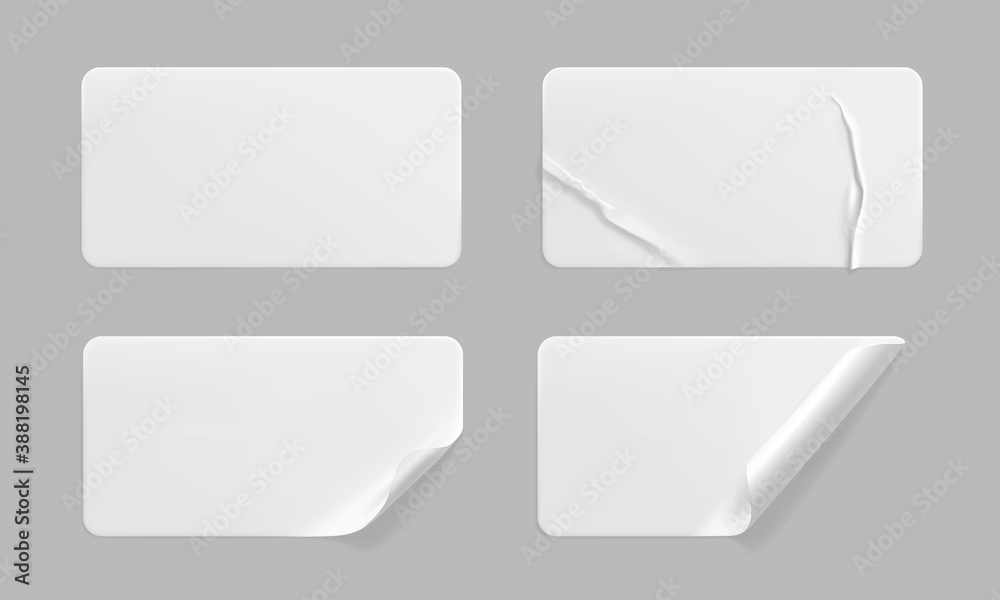 White glued crumpled stickers with curled corners mock up set. Blank white adhesive paper or plastic sticker label with wrinkled and creased effect. Template label tags close up. 3d realistic vector White glued crumpled stickers with curled corners mock up set. Blank white adhesive paper or plastic sticker label with wrinkled and creased effect. Template label tags close up. 3d realistic vector