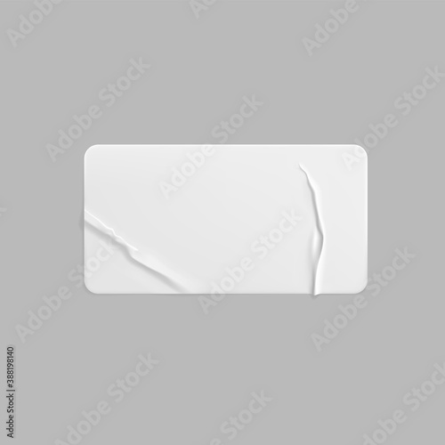 White glued crumpled rectangle sticker mock up. Blank white adhesive paper or plastic sticker label with wrinkled and creased effect. Template label tag close up. 3d realistic vector