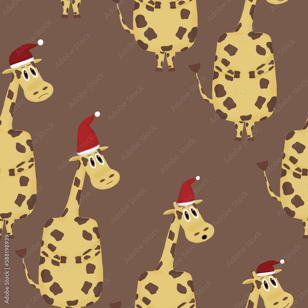 Naklejka premium New Year seamless pattern with emotional giraffes with Santa hats on a brown background