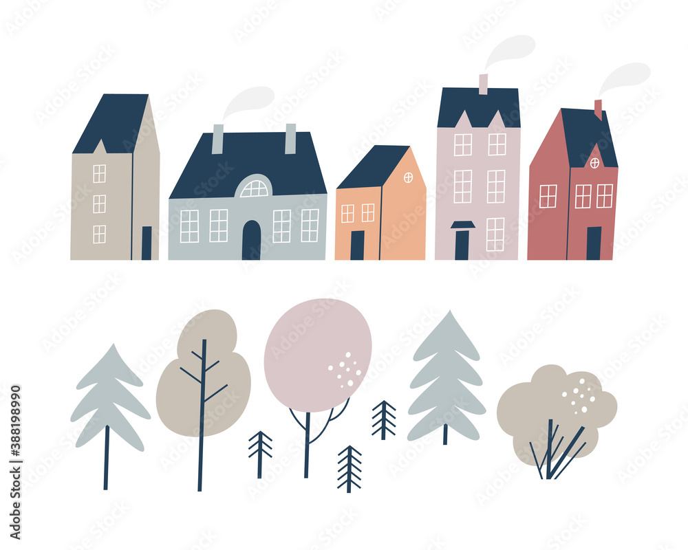 Various small tiny houses and trees. Hand drawn style. Various small tiny houses and trees. Hand drawn style.