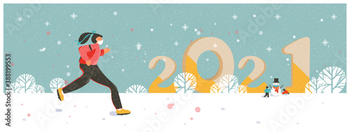 Panoramic vector of 2021 New year.After 2020,COVID-19 painful disruption.New normal life in 2021 year.