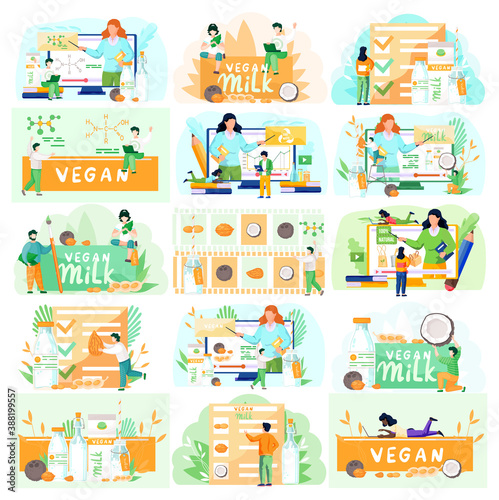 Plant-based vegan nutty milk. Healthy cow alternative to lactose milk. Scenes set with small people near plant products and inscriptions. Banner with milk in bottle, almond nuts, peanut and coconut