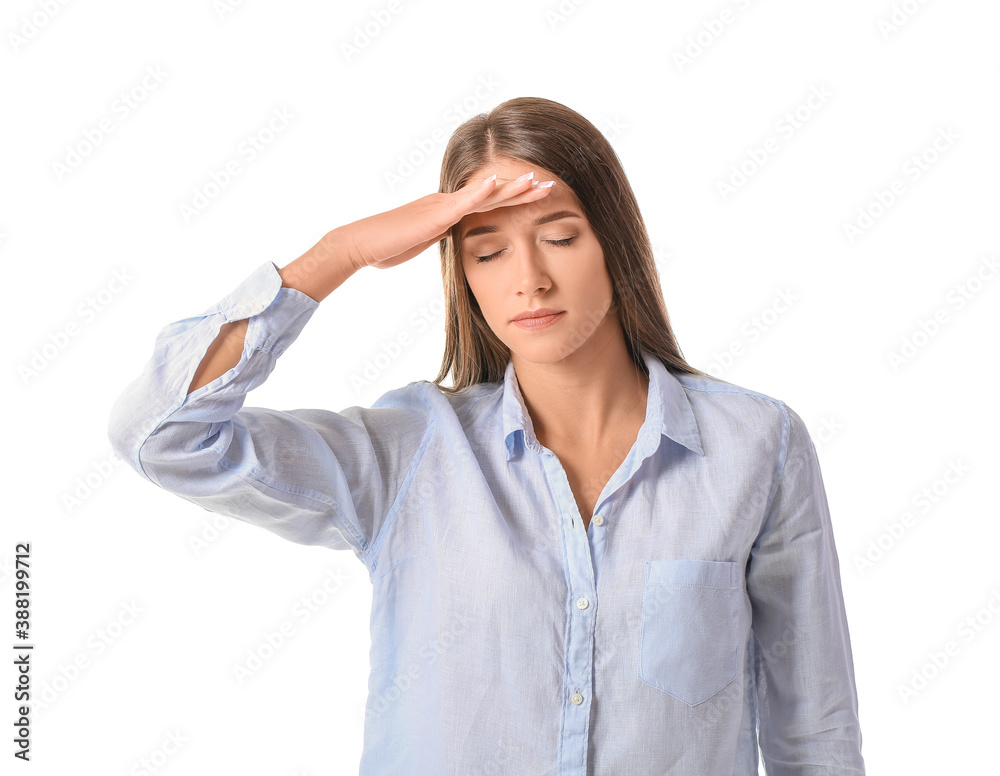 Stressed young woman on white background Stressed young woman on white background