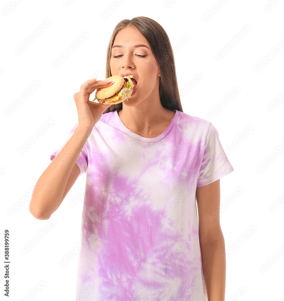 Woman with problem of strong hunger on white background. Diabetes symptoms Woman with problem of strong hunger on white background. Diabetes symptoms
