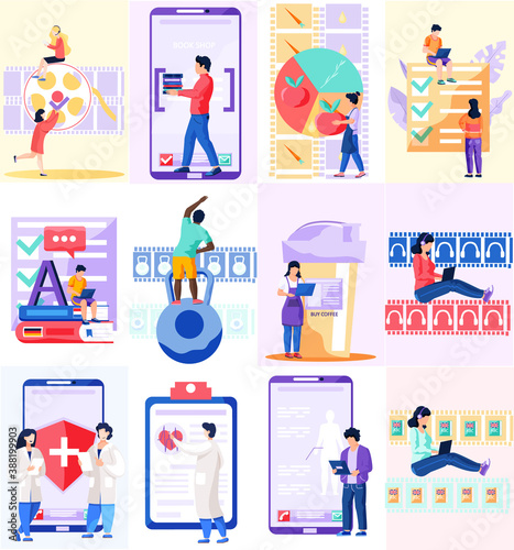 People in various common situations scenes set. Online education, cooking blog and medicine, e-learning, students which study remotely, medical consultation with doctor. Different people men and women