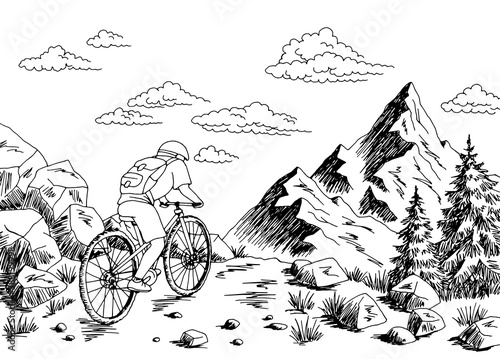 Tourist riding a bike in the mountains road graphic black white landscape sketch illustration vector