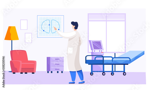 Health protection concept. The doctor in the medical office holding lung snapshot in his hand. Therapist male character in medical clothes in the hospital examines patient fluorography flat design