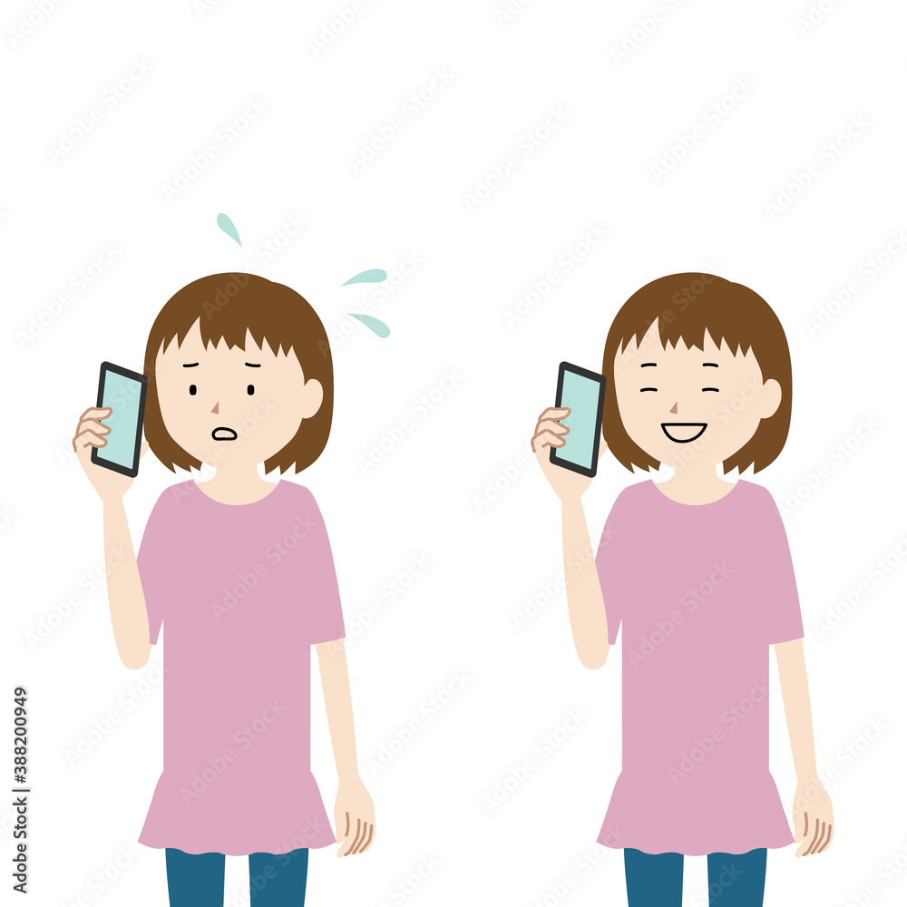 Illustration set of a girl talking on a smartphone (anxiety and relief) Illustration set of a girl talking on a smartphone (anxiety and relief)
