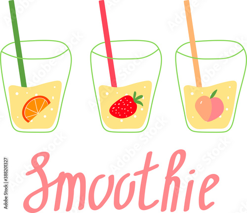  Set of smoothies or fresh juice in jars with fruits. Collection of hand drawn glass bottles with summer cocktails. Concept for healthy food menu bar. Cute flat vector illustration