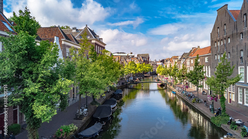 Aerial drone view of Leiden town cityscape from above, typical Dutch city skyline with canals and houses, Holland, Netherlands
 photo