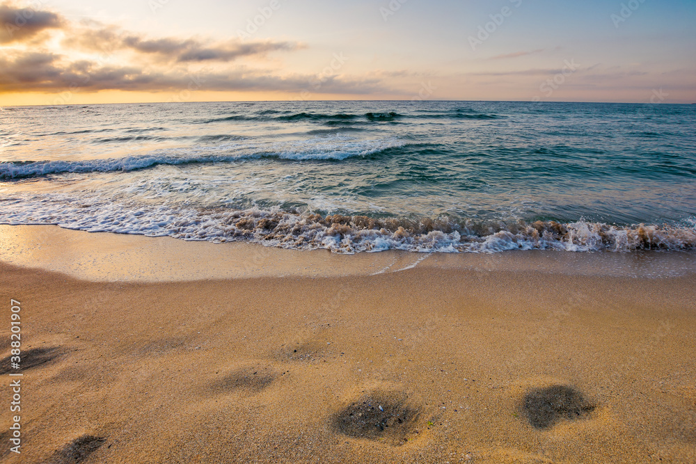 sunrise at the sea. beautiful summer landscape on the sandy beach. green waves rush on the shore in golden light