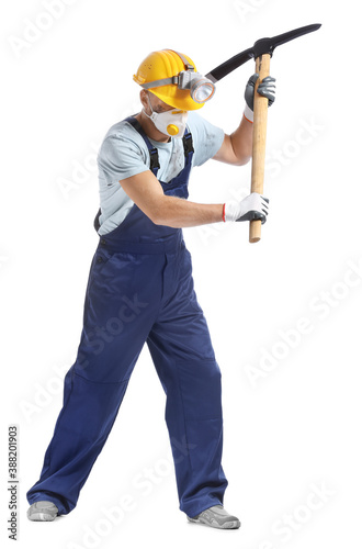 Miner man with pick axe on white background