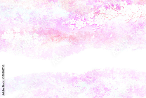 桜のシルエット（背景は水彩タッチの薄いピンク） 