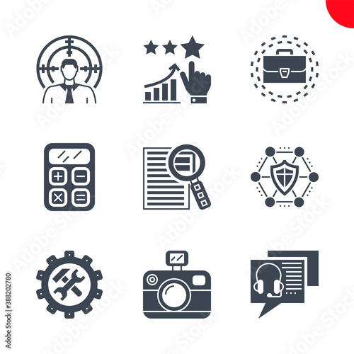 SEO Related Vector Glyph Icons Set. Online consulting, target audience, photo presentation, support, network protection, case study, seo calculator, portfolio, reputation management