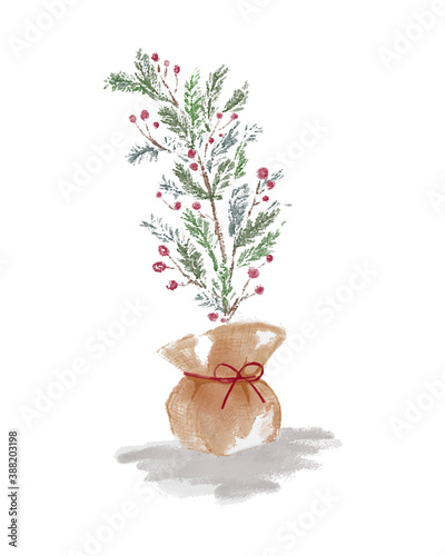 Christmas decoration plant wrapped with red ribbon. Mistletoe watercolor clip art.