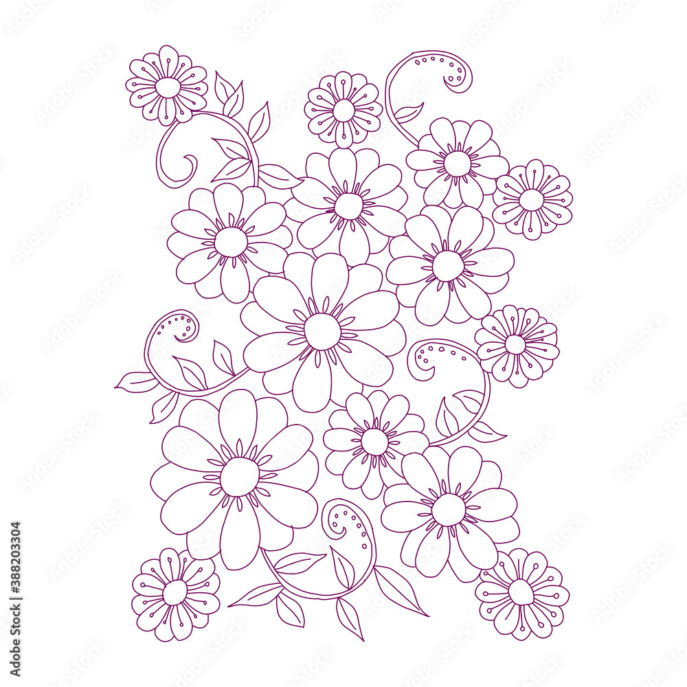 Graphical flower illustration. black flower, contour flower, bloom flower,