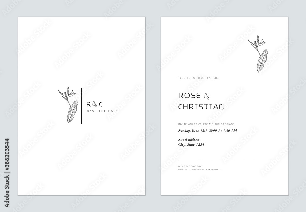 Minimal floral wedding invitation card template design, vintage heliconia rostrata flowers line art ink drawing