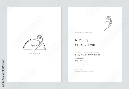 Minimal floral wedding invitation card template design, vintage tulip line art ink drawing decorated on half circle frame