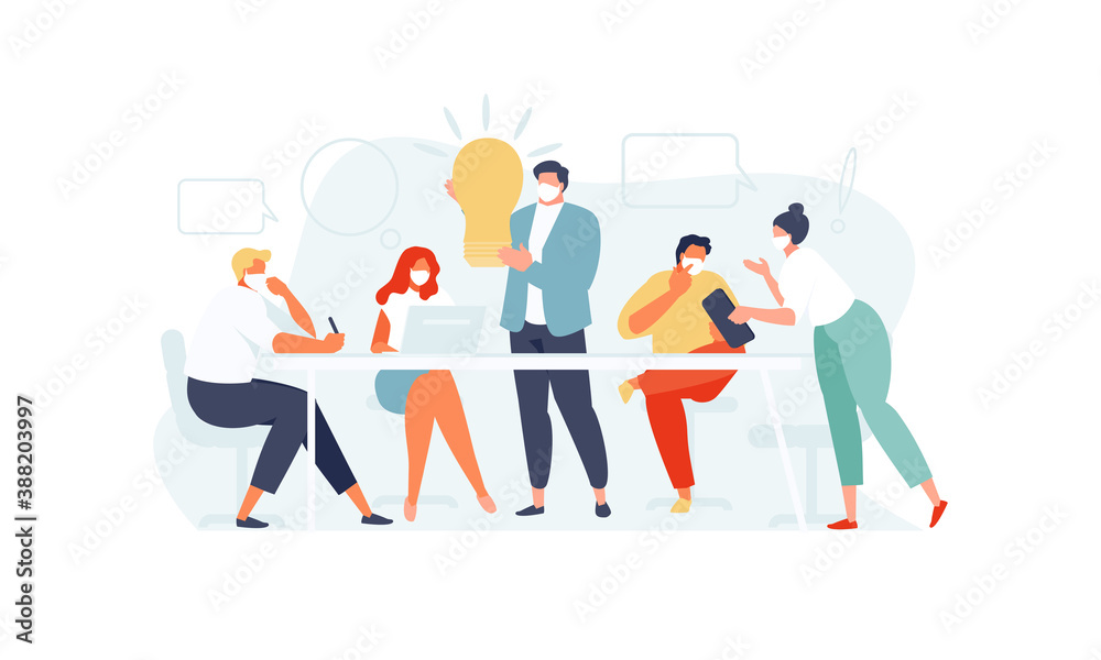 Office business people meeting working in masks. Teamwork, ideas and discussion vector illustration