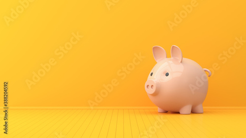 Fototapeta Naklejka Na Ścianę i Meble -  Yellow empty interior and pink pig piggy bank. 3d render illustration.