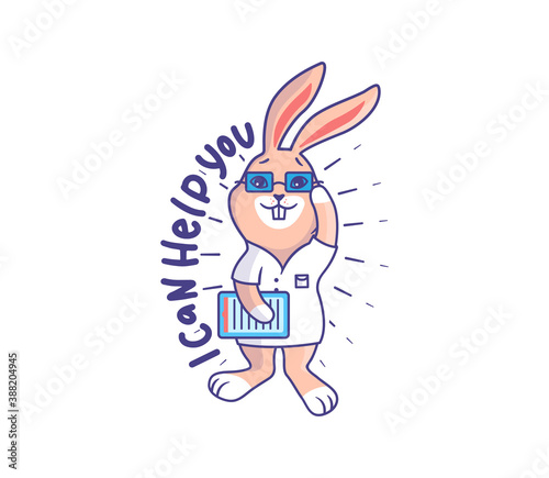 The Easter bunny is a doctor - psychotherapist. Happy cartoonish rabbit with a phrase - I can help you. Good for t-shirts, cloth designs, stickers, etc. This content is a vector illustration