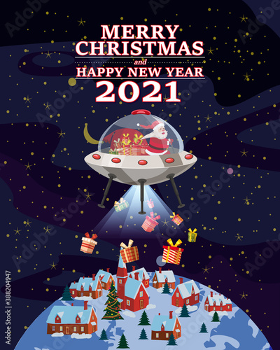 Santa Claus Van with text Merry Christmas and Happy New Year 2021 flying in UFO spaceship flying saucer delivering shipping gifts. Vector illustration isolated cartoon style greeting card poster