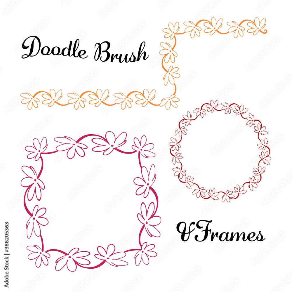 Vector round and square frames and hand drawn brush for them. Vector isolated illustration. Brush is included in eps.